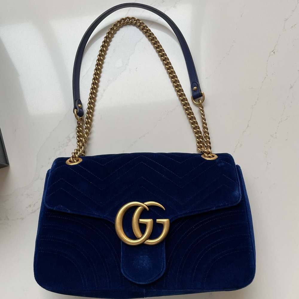 Gucci Navy Blue Velvet GG Marmont Shoulder Bag with Gold Hardware